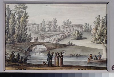 Świątynia Apolla i wodospad w Parku Pawłowskim (Sankt Petersburg). Praca Giacomo Antonio Domenico Quarenghi (1744-1817), tusz i akwarela na papierze, ok. 1800 r. Sztuka włoska autorstwa Giacomo Quarenghi