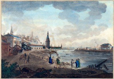Widok na Kreml moskiewski z Kamiennego Mostu nad Moskwą (Moskwa lub Moskwa). Praca Giacomo Antonio Domenico Quarenghi (1744-1817), akwarela i tusz na papierze, ok. 1790 r. Sztuka włoska autorstwa Giacomo Quarenghi