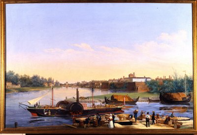 Widok na port w Pawii (Pawia) na Po i parowiec Principessa Clementina „”””” Obraz Giacomo Trecourta (1812-1882) XIX wiek autorstwa Giacomo Trecourt