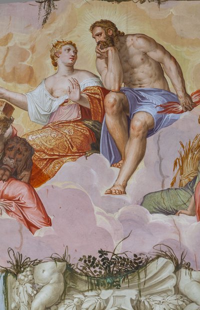 Junona i Jowisz leżące na chmurach, nad ruinami architektonicznymi, fragment Sali Olimpu, ok. 1557 (fresk) autorstwa Giambattista Zelotti