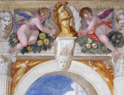 Putti z popiersiem bohatera wśród maszkaronów i festonów owocowych autorstwa Giambattista Zelotti