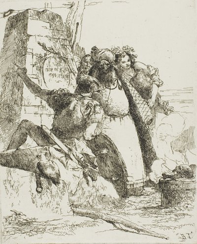 Czarodziej, żołnierz i trzy postacie obserwujące płonącą czaszkę z Scherzi autorstwa Giambattista Tiepolo
