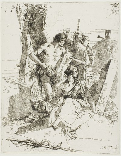 Odkrycie grobowca Punchinello, z Scherzi autorstwa Giambattista Tiepolo