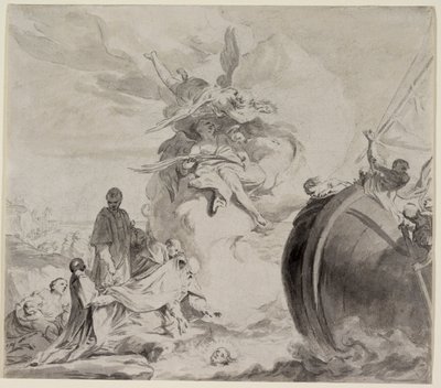 Głowa św. Torpe uratowana przez anioły i przywrócona arcybiskupowi Frederigo (szary pomalowany czarną kredą na papierze) autorstwa Giambettino Cignaroli
