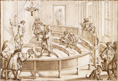 Akademia Clementina w Bolonii, z aktem ustawianym przez mistrza rysunku, w tle Herkules Farnese (czarna kredka, pióro i brązowy tusz z brązową lawą) autorstwa Giampietro Zanotti