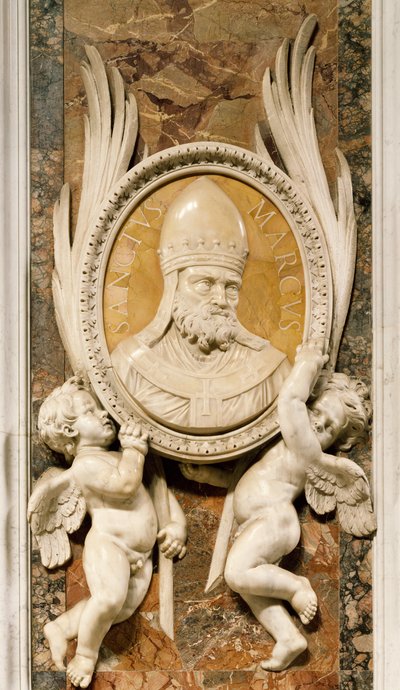 San Marco, płaskorzeźba Gian Lorenzo Berniniego (1598-1680), fragment marmurowej dekoracji wzdłuż filarów nawy głównej, Bazylika Św. Piotra, Rzym, Watykan autorstwa Gian Lorenzo Bernini