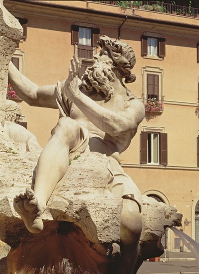 Fontanna Czterech Rzek, detal figury przedstawiającej rzekę Dunaj, 1648-51, detal kamienny z 96887 autorstwa Gian Lorenzo Bernini