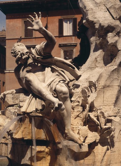 Fontanna Czterech Rzek, detal figury przedstawiający rzekę Plate, 1648-51 detal kamienny z 96887 autorstwa Gian Lorenzo Bernini