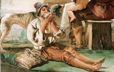 Fragment obrazu Rodziny chłopskiej przy stole, z Sali Scen Rustykalnych, w Foresterii, 1757 autorstwa Giovanni Domenico Tiepolo