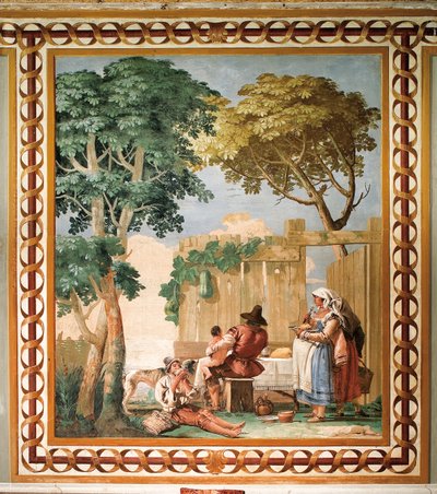 Rodzina chłopska przy stole, z Sali Scen Rustykalnych, w Foresterii (Pensjonat) 1757 autorstwa Giovanni Domenico Tiepolo