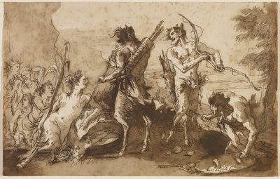 Satyry i satyryczki w pejzażu, ok. 1770 (pióro i tusz z żółcią żelazową, brązowe i szare cienie na papierze czerpanym) autorstwa Giovanni Domenico Tiepolo