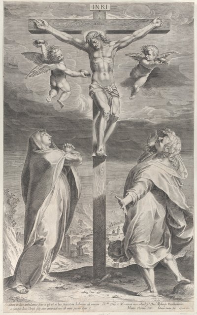 Ukrzyżowanie z Matką Boską i św. Janem Ewangelistą, nad głową anioły, ok. godz. 1593 r., ok. 1593 r. 1593 autorstwa Gijsbert Van Veen