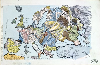 Pocztówka przedstawiająca kraje Europy jako kobiety Europy autorstwa Gil Baer