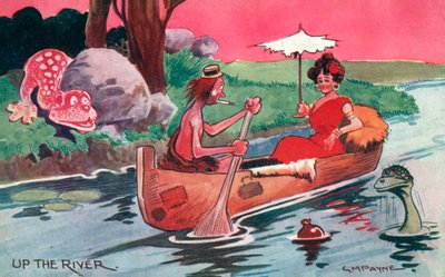 Epoka kamienia łupanego: w górę rzeki (kolorowa litografia) autorstwa Gilbert Morris Payne