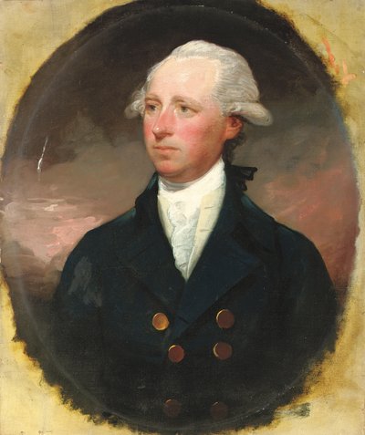 Portret Sir Thomas George Skipwith, połowa długości, w niebieskim płaszczu, udawany owalny autorstwa Gilbert Stuart
