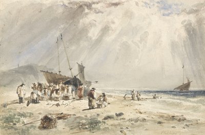Targ rybny na plaży (wc nad grafitem na papierze) autorstwa Giles Firman Phillips