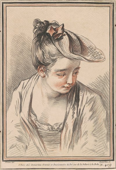 Głowa młodej kobiety w kapeluszu autorstwa Gilles Demarteau the Elder after Antoine Watteau