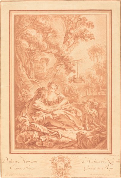 Dwoje kochanków siedzących u stóp dużego drzewa, zaskoczonych przez dwie dziewczyny autorstwa Gilles Demarteau, the Elder after François Boucher