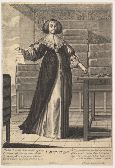 Arytmetyka: młoda kobieta stojąca przy stole, trzymająca kartkę z wpisanymi numerami i..., 1633-35. autorstwa Gilles Rousselet