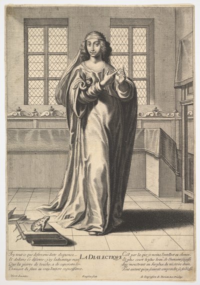Dialektyka: młoda kobieta stojąca w ozdobionym wnętrzu i dotykająca swojego prawego indeksu…, 1633-35. autorstwa Gilles Rousselet