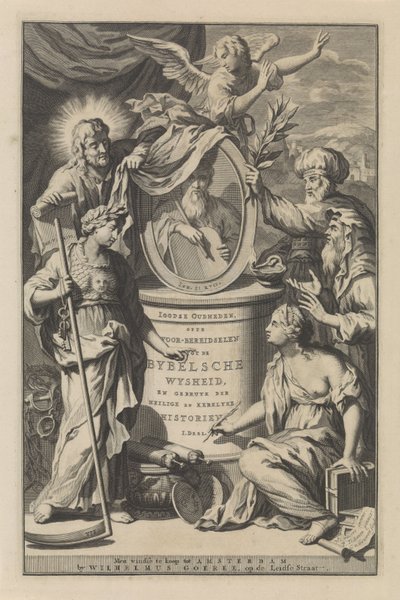 Biblijne postacie odsłaniają portret Mojżesza Strona tytułowa Wilhelmusa Goeree, Przygotowania do biblijnej mądrości i wykorzystania historii świętych i kościelnych, 1690 autorstwa Gilliam van der Gouwen