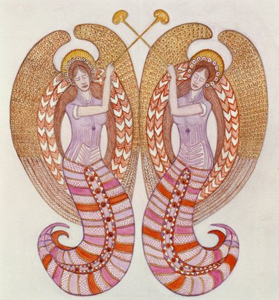 Dwa anioły z trąbkami, 1995 (wc) autorstwa Gillian Lawson