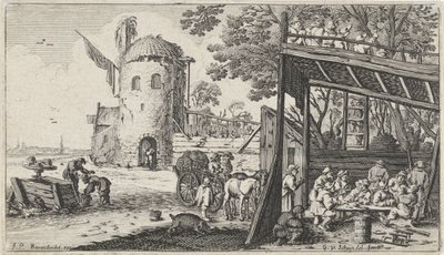 Rolnicy przy stole w stodole (Smak) Pejzaże z pięcioma zmysłami (tytuł serii) autorstwa Gillis van Scheyndel (I)