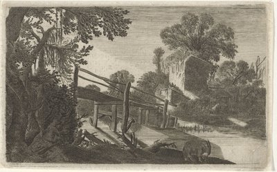 Drewniany most w ruinie Sześć krajobrazów (tytuł serii) autorstwa Gillis van Scheyndel (I)