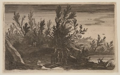 Jeźdźcy na zalesionej ścieżce na lewo od stawu, od Six Landscapes autorstwa Gillis van Scheyndel
