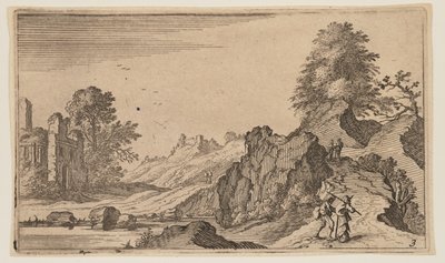 Trzech pieszych na drewnianym moście przez strumień, z albumu Twelve Landscapes autorstwa Gillis van Scheyndel