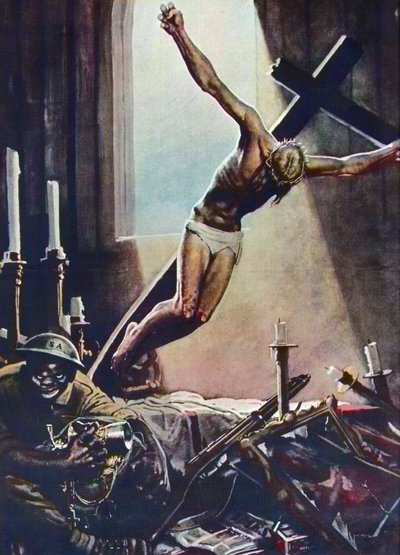 Plakat antyamerykański z II wojny światowej-czarny amerykański kościół grabieży-plakat Gino Boccasile (1901-1952)-włoska propaganda anty USA 1943-plakat Gino Boccasile (1901-1952) autorstwa Gino Boccasile