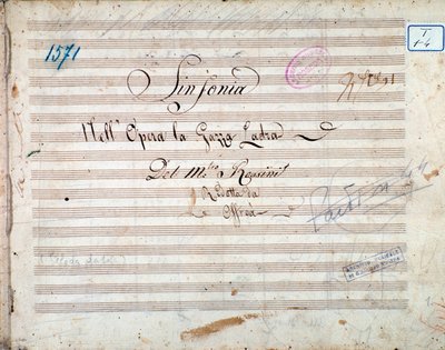 Pierwsza strona partytury symfonii w La gazza ladra (Sroka złodziejka) Gioacchino Rossiniego autorstwa Gioachino Rossini
