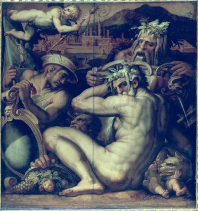 Alegoria miast Sansepolcro i Anghiari z sufitu Salone dei Cinquecento autorstwa Giorgio (and workshop) Vasari