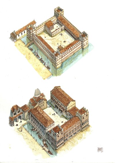 Widok z lotu ptaka na etapy budowy Pałacu Dożów (lub Pałacu Książęcego lub Palazzo Ducale) na Placu Świętego Marka w Wenecji w VII i XII wieku. Włochy autorstwa Giorgio Albertini