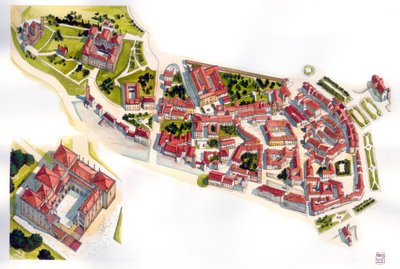 Widok z lotu ptaka na miasto Guimaraes: po lewej zamek i klasztor zbudowany w XI wieku. Portugalia. Ilustracja autorstwa Giorgio Albertini. (Korzystanie z dzieł tego autora nie podlega wnioskowi o zezwolenie od strony trzeciej ani t autorstwa Giorgio Albertini