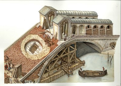 Architektura: plac budowy mostu Rialto w latach 1588-1591 w Wenecji, Włochy. Ilustracja autorstwa Giorgio Albertini (Wykorzystanie dzieł tego autora nie wymaga zezwolenia strony trzeciej ani uiszczenia dodatkowych opłat licencyjnych. autorstwa Giorgio Albertini