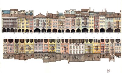 Architektura: płaski widok na Via dei Portici, zadaszoną galerię z portykiem, wraz z kolorowymi domami, z miasta Bolzano, Włochy Ilustracja autorstwa Giorgio Albertini. (Wykorzystanie prac tego autora nie podlega obowiązkowi uzyskania zezwolenia od autorstwa Giorgio Albertini