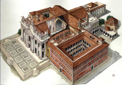 Architektura barokowa: rekonstrukcja bazyliki św. Jana na Lateranie (św. Jana na Lateranie lub San Giovanni in Laterano) (XVII-XVIII w.) Rzym Ilustracja autorstwa Giorgio Albertini. (Wykorzystanie dzieł tego autora nie jest przedmiotem wniosku o autoryzacj autorstwa Giorgio Albertini