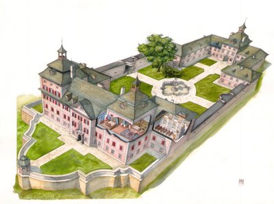 Architektura barokowa: rekonstrukcja zamku Wolfsthurn, Mareta, Bolzano, Włochy Ilustracja autorstwa Giorgio Albertini. (Korzystanie z dzieł tego autora nie wymaga uzyskania zgody osób trzecich ani uiszczenia dodatkowej opłaty). autorstwa Giorgio Albertini