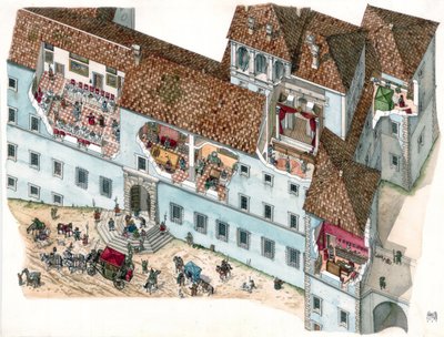 Sztuka baroku: widok i przekrój architektoniczny pałacu Chigi a Ariccia, Lacjum, w XVII wieku. Widoczne są wnętrza pokoi rodzinnych i zależności służby. Włochy autorstwa Giorgio Albertini