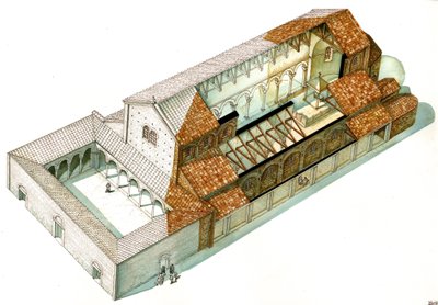 Sztuka bizantyjska: rekonstrukcja bazyliki Cabianca, założonej za panowania cesarza Justyniana I (482-565) w Rawennie (Ravenna). Włochy autorstwa Giorgio Albertini