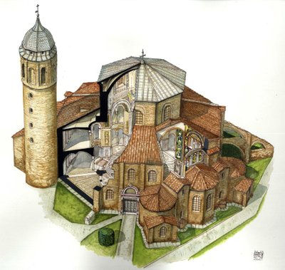 Sztuka bizantyjska: przedstawienie bazyliki św. Witalisa (Saint Vital lub San Vitale) w Rawennie (Ravenna) w V wieku. Widok z lotu ptaka z wycięciami, aby zobaczyć wnętrze. Włochy Ilustracja autorstwa Giorgio Albertini. (Wykorzystanie dzieł tego autora nie autorstwa Giorgio Albertini