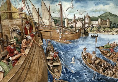 Kolonizacja Złotego Wybrzeża (Ghana) w Afryce: Portugalczycy wyruszyli na wybrzeże Gwinei 21 stycznia 1882 r. i zbudowali fort Sao Jorge de Mina (Elmina), aby wzmocnić handel złotem i niewolnikami. Portugalskie karawele reprezentowane wzdłuż wybrzeży Afryk autorstwa Giorgio Albertini