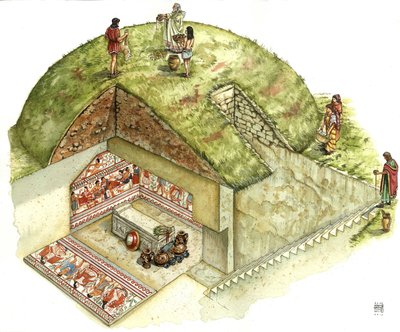 Cywilizacja etruska: rekonstrukcja i wycięcie grobowca Triclinio (triclinium), nekropolia Tarquinia. V wiek p.n.e. Włochy Ilustracja Giorgio Albertiniego. autorstwa Giorgio Albertini