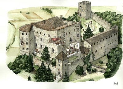Średniowieczna architektura: widok na zamek Pergine, z wycięciami pozwalającymi zobaczyć życie mieszkańców w pokojach zamku w XVI wieku. Pergine Valsugana, Trydent, Włochy Ilustracja autorstwa Giorgio Albertini. (Wykorzystanie prac tego autora autorstwa Giorgio Albertini