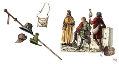 Moda średniowieczna: strój peleryny między XII a XIV wiekiem, torba, kapelusze, laska, tuniki. autorstwa Giorgio Albertini