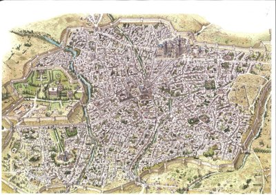 Średniowiecze: szczegółowy widok z lotu ptaka na miasto Samarkanda (Samarkanda), widoczne mury obronne, w Uzbekistanie w czasach mongolskiej dynastii Czajbanidów. 1450 wokół Azji Środkowej. Ilustracja autorstwa Giorgio Albertini. (Wykorzystanie prac tego a autorstwa Giorgio Albertini