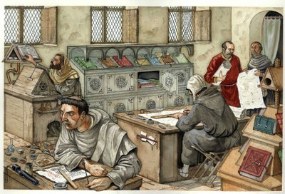 Średniowiecze: mnisi kopiujący manuskrypty w skryptorium w XIII w. Ilustracja autorstwa Giorgio Albertiniego. autorstwa Giorgio Albertini