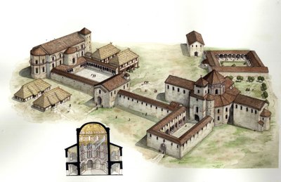 Średniowiecze: przegląd i przekrój rekonstruujący pałac Karola Wielkiego (ok. 742-814) zrealizowany przez architekta Eudesa de Metz około 794 roku w Aachen (Akwizgran) w Niemczech. Ilustracja autorstwa Giorgio Albertini. (Wykorzystanie prac tego autora nie autorstwa Giorgio Albertini