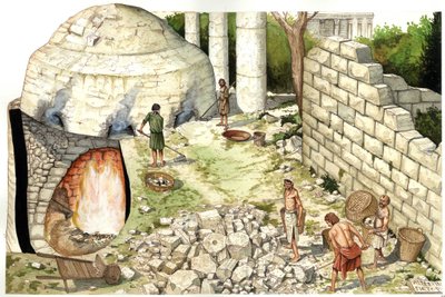Średniowiecze: rekonstrukcja pieca wapienniczego (chaufour), robotnicy obrabiają wapień. Ilustracja autorstwa Giorgio Albertini. (Korzystanie z dzieł tego autora nie wymaga uzyskania zezwolenia od osób trzecich ani uiszczenia dodatkowych opłat). autorstwa Giorgio Albertini